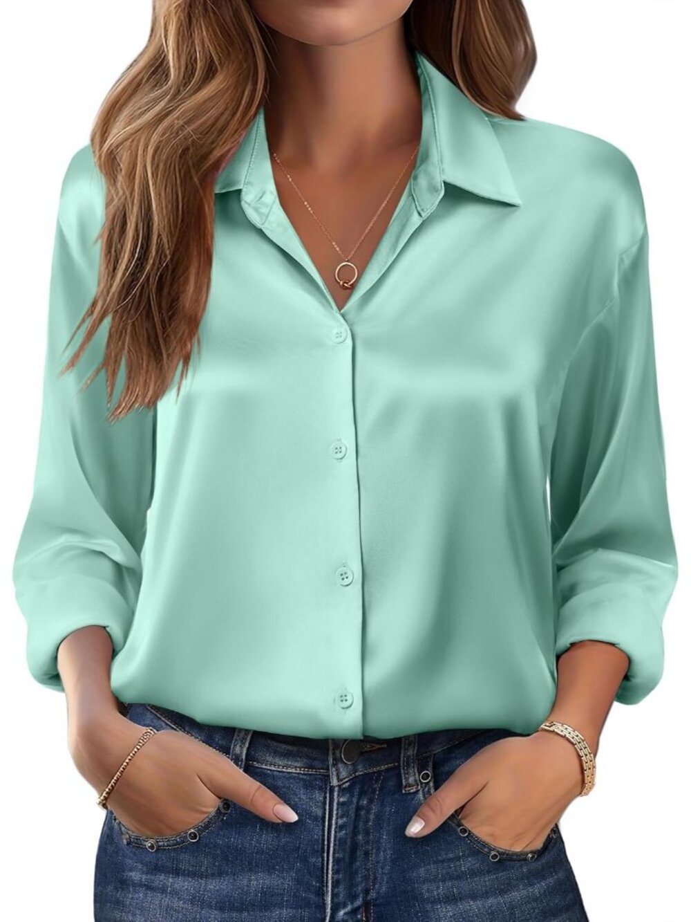 Women's Ice Green Long Sleeve Satin Silk Button Down Casual Blouses Top T-Shirt